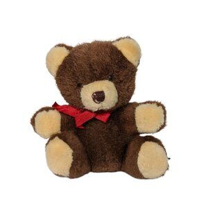 Russ Berrie Brown Olde Fashined Teddies Plush Red Bow Stuffed Animal 5.25"